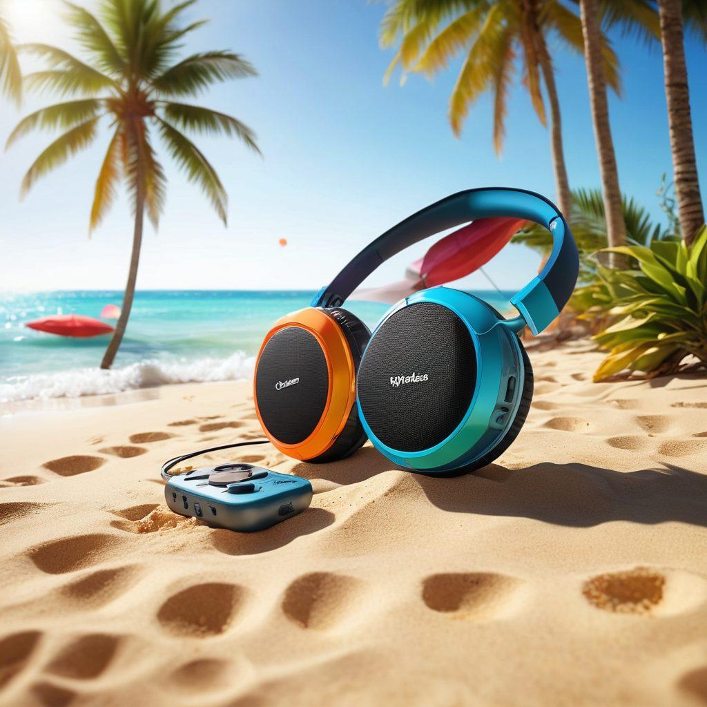 A vibrant beach scene featuring cutting-edge audio equipment such as wireless speakers and headphones, surrounded by colorful beach umbrellas and lounging beachgoers. The sound waves visually radiate from the equipment, blending with tropical elements like palm trees and waves. Bright sunlight reflects off the water, enhancing the lively atmosphere. super-realistic. vibrant colors. beach setting.